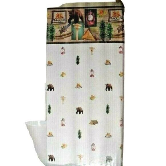 Great Outdoors Shower Curtain Red Lantern Hooks Cabin Lodge 13pc Bath Fabric NEW - Picture 2 of 7